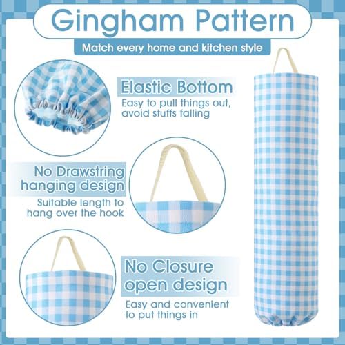 Gingham Plastic Bag Holder for Grocery Bag, Light Blue - Image 4
