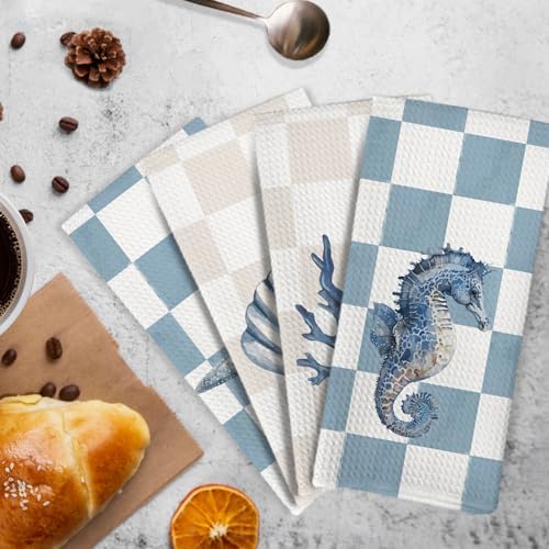 Preppy Coastal Kitchen Towels and Dishcloths Set of 4, Beachy Checkered - Image 3