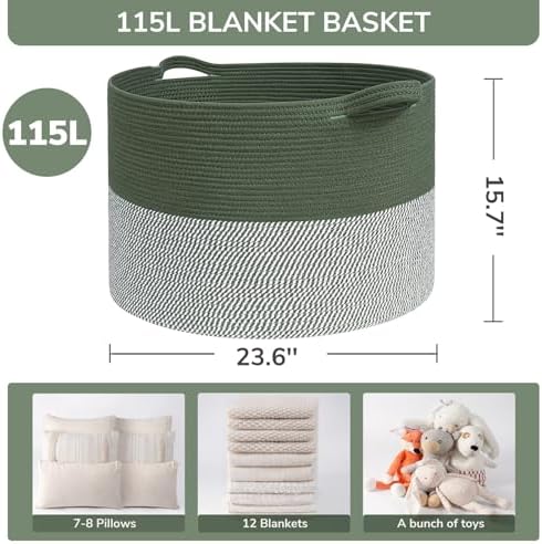 INDRESSME 115L Extra Large Woven Rope Blanket Basket Living Room Green - Image 2