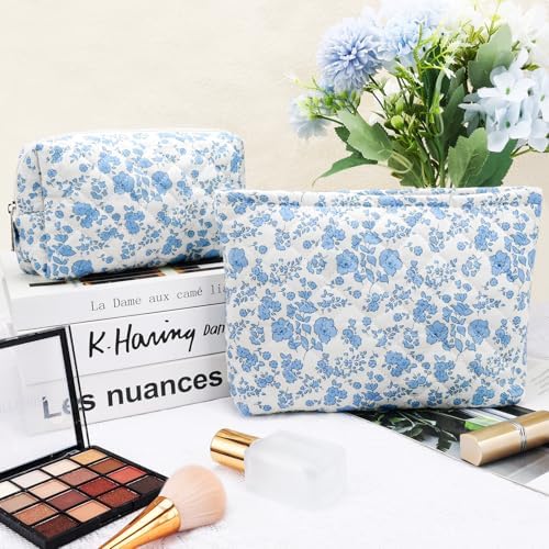 2Pcs Small Makeup Bag Quilted Cosmetic Bag Flower Pencil Case Travel Makeup Bag - Image 2