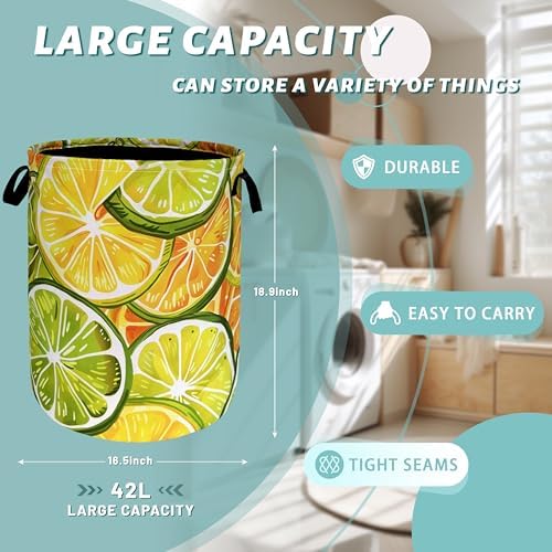 Yellow Lemon Laundry Basket Oxford Cloth Foldable Hamper 18.9x16.5 Inch - Image 2