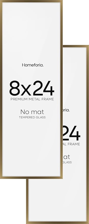 Homeforia 8x24 Bronze Panoramic Frame, High End Metal 8 x 24 Picture Frames without Mat, 24x8 Hanging Bronze Poster Frames for Wall, 8by24 inch Display Photo Frames, Tempered Glass, Wall Kit, Set of 2