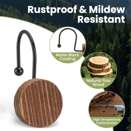 Wood Shower Curtain Hooks, Boho Shower Curtain Rings Decorative, Free Sliding - Image 2