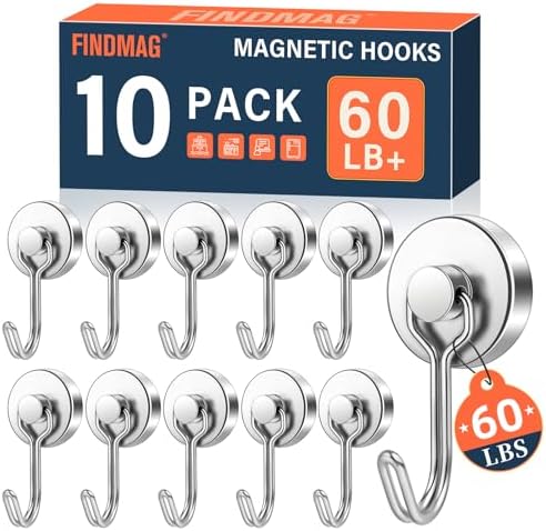FINDMAG 10 Pack Magnetic Hooks for Cruise Cabins, 60LB+ Silver Magnet Hooks by FINDMAG