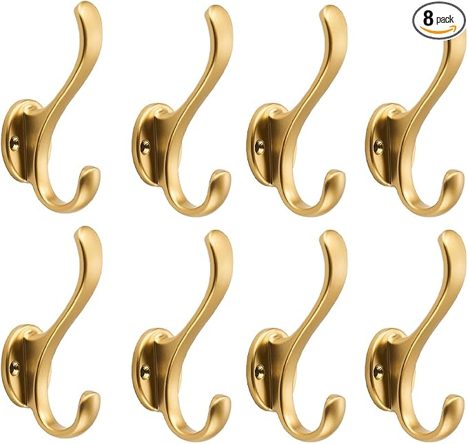 8 Pack Brushed Gold Coat Hooks Wall Mount Heavy Duty Utility Retro Double Hooks by khtumeware