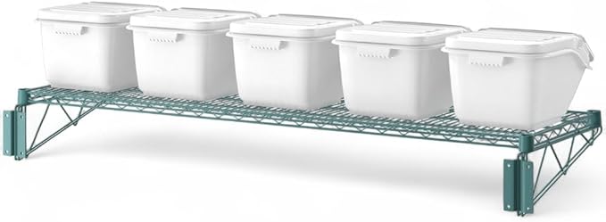 18" x 60" Green Wall-Mounted Wire Shelf Kit with Clip-in Ingredient Storage Bins, Heavy-Duty Steel Rack, Supports up to 600 lb, Flip-Top Lids, Open-Wire Design for Kitchen/Prep/Storage