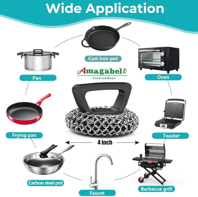 Amagabeli Cast Iron Cleaner with Handle Stainless Steel Chainmail Pan Scrubber for Cast Iron Skillet Cleaner Chain Mail Scrubber Brush Pan Pot Wok Griddles BBQ Grills