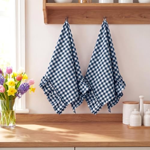 HunnmingRe 2 Pcs Navy Blue Gingham Kitchen Towels Cotton Ruffled - Image 5
