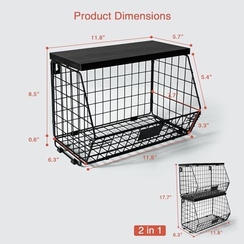 Goozii Black Kitchen Wall Hanging Storage Basket Set of 2, Rustic Stackable - Image 7
