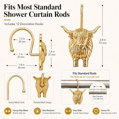 Highland Cow Shower Curtain Hooks, Rust-Resistant Zinc Alloy Metal Hooks - Image 3