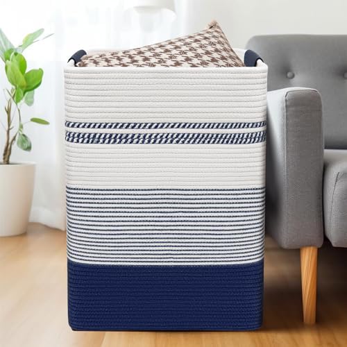 DOFASAYI Laundry Hamper, 85L Cotton Rope Laundry Basket, Dark Blue & White - Image 4