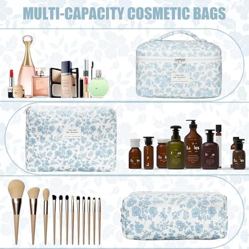 BuyCard Quilted Makeup Bag Set, CuteFloral Cotton Coquette Makeup Bag Toiletry - Image 4