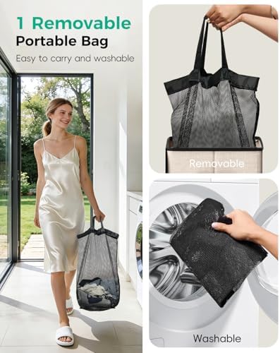 100L Laundry Hamper with Lid, Odor-Controlling Hamper with Handles, Collapsible - Image 5