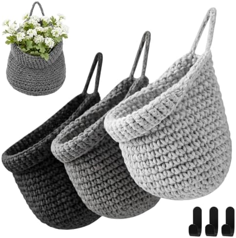 Honeydak 3 Hanging Baskets, Dark Grey, Cotton Rope by Honeydak