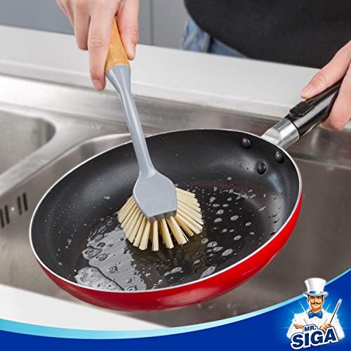 MR.SIGA Dish Brush with Bamboo Handle Built in Scraper - Image 3