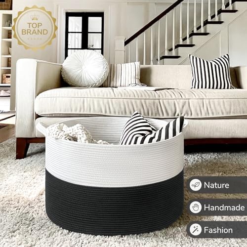 INDRESSME XXXLarge Woven Rope Blanket Basket Living Room White Black - Image 7