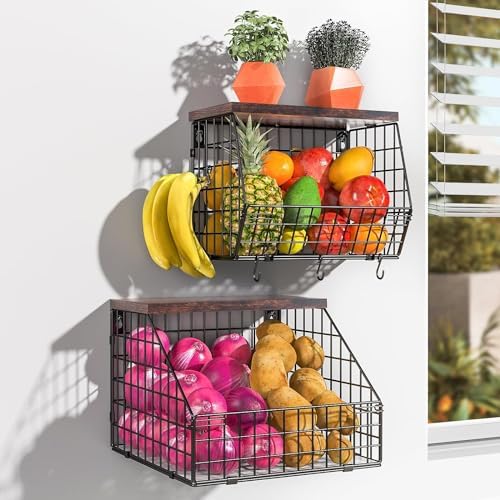 Fruit and Vegetable storage, 2 Set Wall Mounted Wire Baskets, Fruit Basket by Wawocs