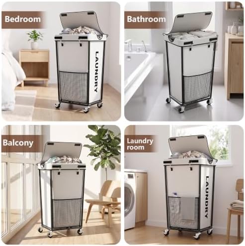 Laundry Hamper with Wheels and Lid, 110L Large Rolling Laundry Basket White - Image 6