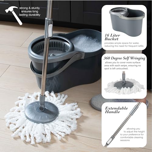 Simplify Self Wringing Mop & Bucket Set | 16 Liter | Extendable Handle | Gentle - Image 4
