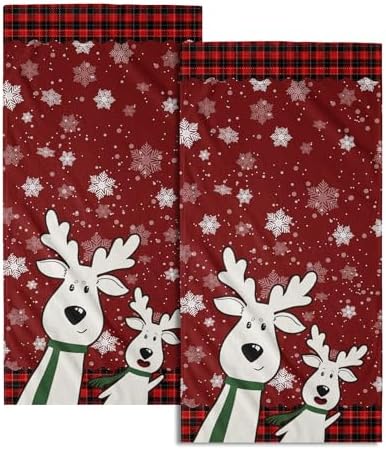 Winter Cute Deer Hand Towels Set of 2 Merry Christmas Red Black Red Buffalo by Granbey