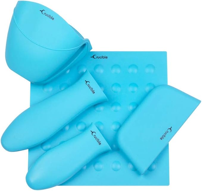 Silicone Hot Handle Holders, Potholders (5-Pack Mix Turquoise) for Cast Iron Skillets, Pans, Frying Pans & Griddles, Metal and Aluminum Cookware Handles - Sleeve Grip, Handle Cover
