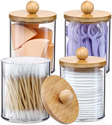 4 Pack Qtip Holder Dispenser - 10 oz Clear Plastic Apothecary Jar Containers by VITEVER