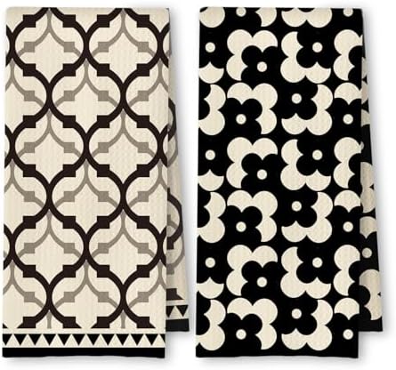 Black Beige Moroccan Kitchen Towels Set of 2, Retro Boho Abstract Dish Tea by Unknown