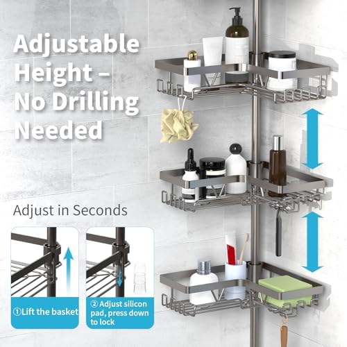 KEGII Corner Shower Caddy Tension Pole, Bathroom Organizer, Gunmetal Gray - Image 2