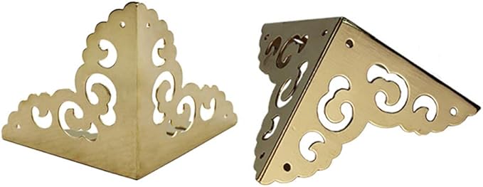 4Pcs Vintage Pure Brass Hollow Cloud Pattern Corner Protectors Antique Hardware Desk Edge Wooden Jewelry Gift Box Cabinet Three Sides Full Encase Corner Guard (Gold)