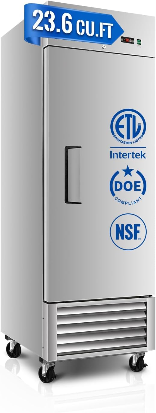 27" W Commercial Refrigerator, 23.6Cu.ft Reach-In Single Door Stainless Steel commercial fridge, 3 Shelves, Fan Cooling, Auto Defrost, Digital Thermostat - Ideal for Restaurant, Bar, Cafe, Shop