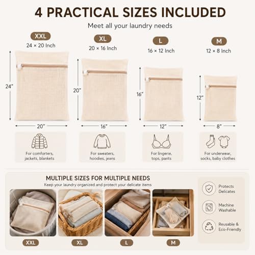100% Cotton Mesh Laundry Bags, Rust-Proof Zipper Wash Bags - Image 2