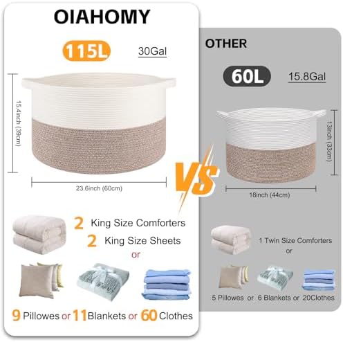 OIAHOMY 115L Extra Large Blanket Basket Living Room Laundry Basket Brown - Image 2