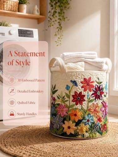 Quilted Laundry Basket with Handles, Boho Floral Quilted Storage Hamper - Image 2