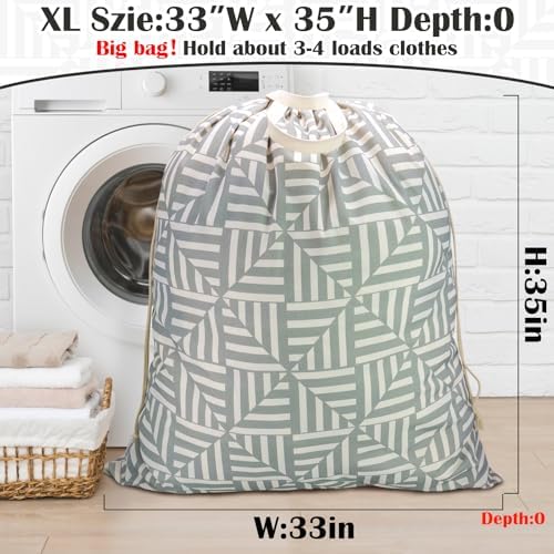 Canvas Laundry Bag with Handles & Drawstring, XL 33"Wx 35"H, Geometry Gray - Image 2
