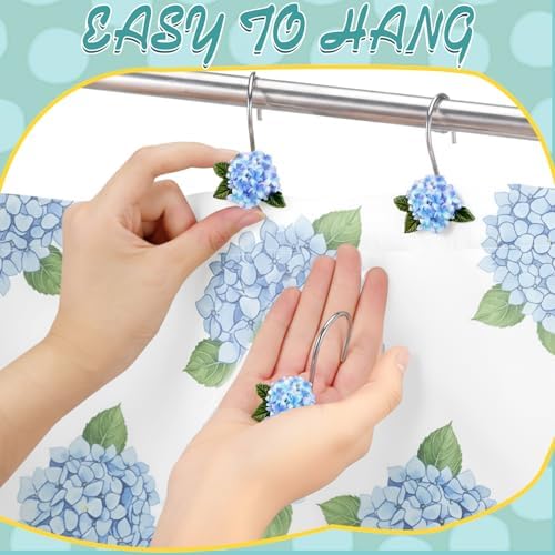 Amyhill 12 Pcs Hydrangea Decorative Shower Curtain Hooks Blue Flower Shower - Image 4