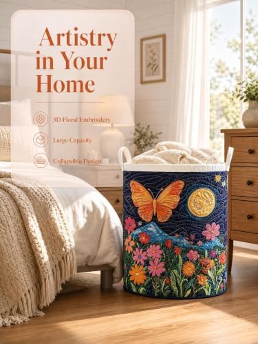 Quilted Laundry Basket with Handles, Boho Floral Quilted Storage Hamper - Image 6