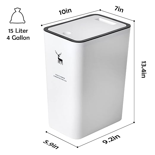 XPIY Trash Can with Lid, 2 Pack 4 Gallons/15 Liters Garbage Can with Press Top, Small Trash Can Dog Proof, Plastic Trash Bin, Waste Basket for Bathroom|Kitchen|Bedroom|Office (2, White)