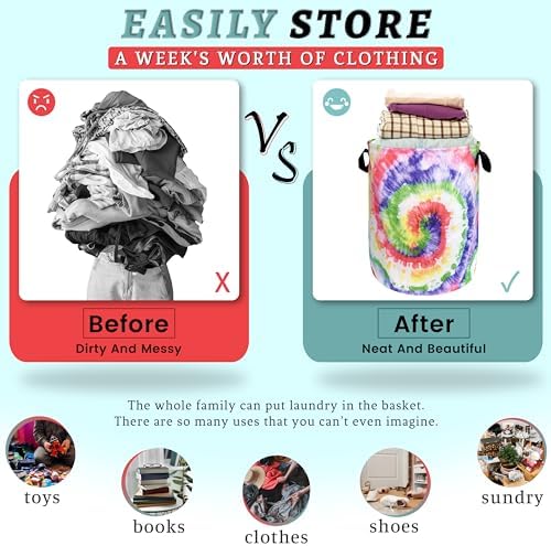 Tie Dye Laundry Basket Oxford Cloth Foldable Hamper 18.9x16.5 Inch - Image 3