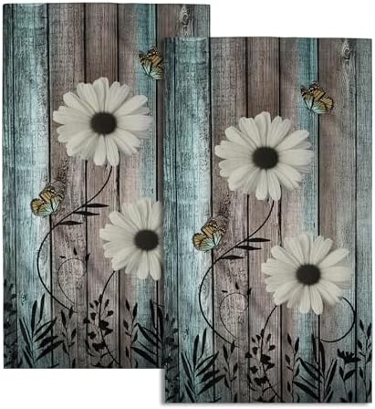 Rustic Barn White Daisy Hand Towels Flower Butterfly Teal Turquoise Brown by Granbey