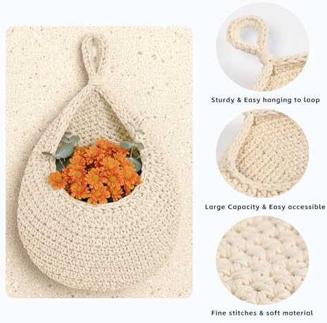 Hanging Storage Baskets Boho Decor Set of 3, Handmade Cotton Rope Wall-Mounted - Image 2