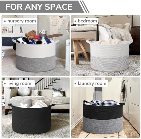 INDRESSME 115L Extra Large Woven Rope Blanket Basket Living Room Black Grey - Image 4