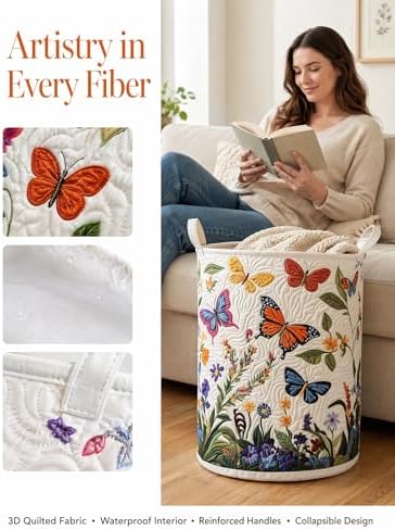 Quilted Laundry Basket with Handles, Boho Floral Quilted Storage Hamper - Image 2