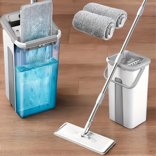 Mop and Bucket Set with Wringer, Flat Floor Mop with Long Handle, Wall & by Unknown