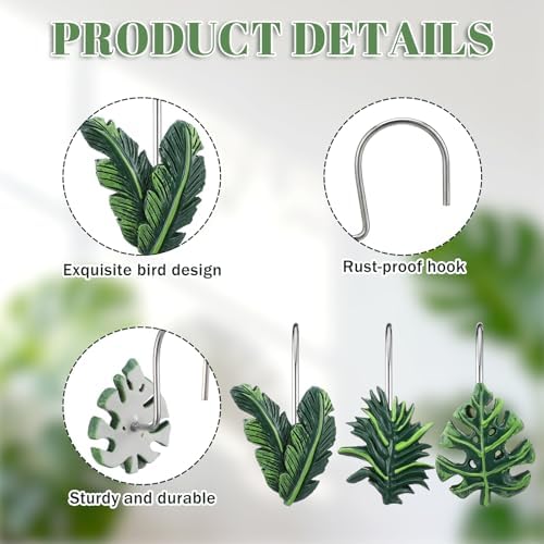Amyhill 12 Pcs Tropical Leaf Decorative Shower Curtain Hooks Cute Green - Image 3
