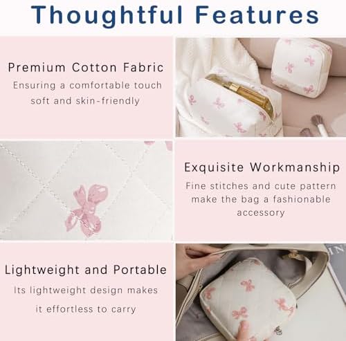 RSRSLEII 2 Pcs Quilted Cotton Makeup Bag Set, 19 Pink Bow Set - Image 4