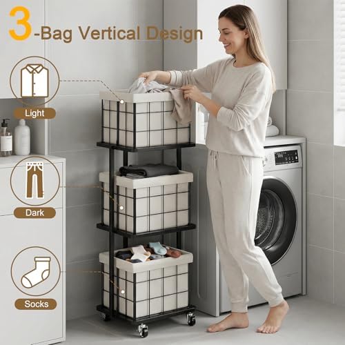 120L Vertical Laundry Sorter, 3 Tier Metal Rolling Laundry Basket - Image 5