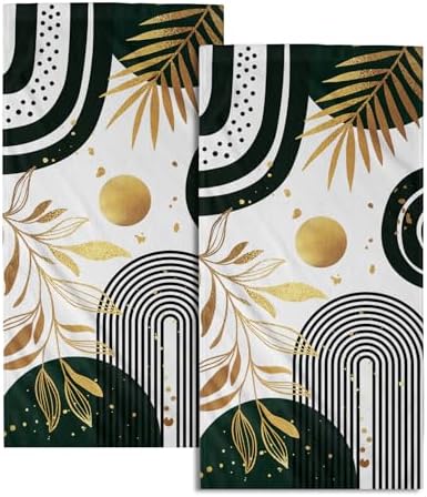 Mid Century Boho Hand Towels Gold Tropical Leaf Art Decorative Absorbent Drying by Granbey