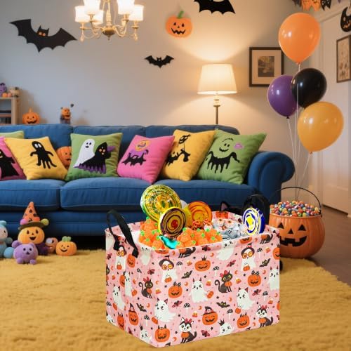Pink Halloween Storage Basket for Girls, Pumpkin Ghost Bat Spider Design - Image 2