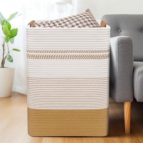 Laundry Hamper, 85L Cotton Rope Laundry Basket, Jute & White - Image 3