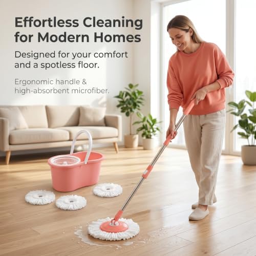 Pink Spin Mop and Bucket with Wringer Set 360 Rotating Mop 3 Mop Refills - Image 2